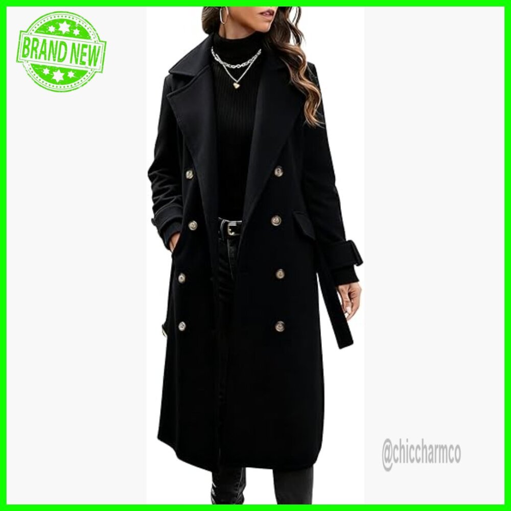 Long Wool Peacoat with Belt, Notched Lapel, Double Breasted Trench Coat